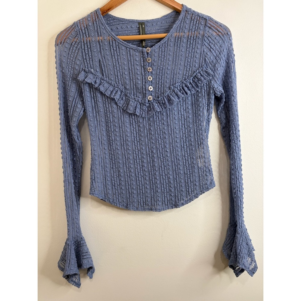 Anthropologie Blouse Top XXS Blue Pointelle Lace Knit Ruffle Boho Coquette Fairy